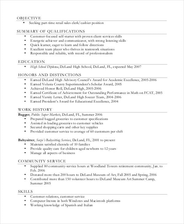high school student work resume