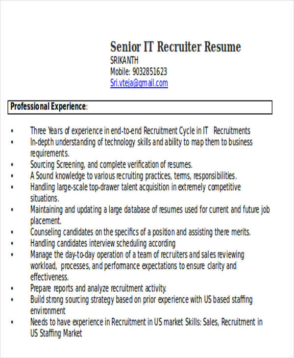 senior it recruiter resume