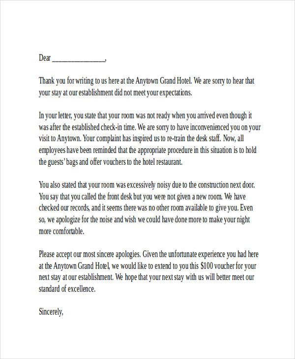 hotel complaint response letter