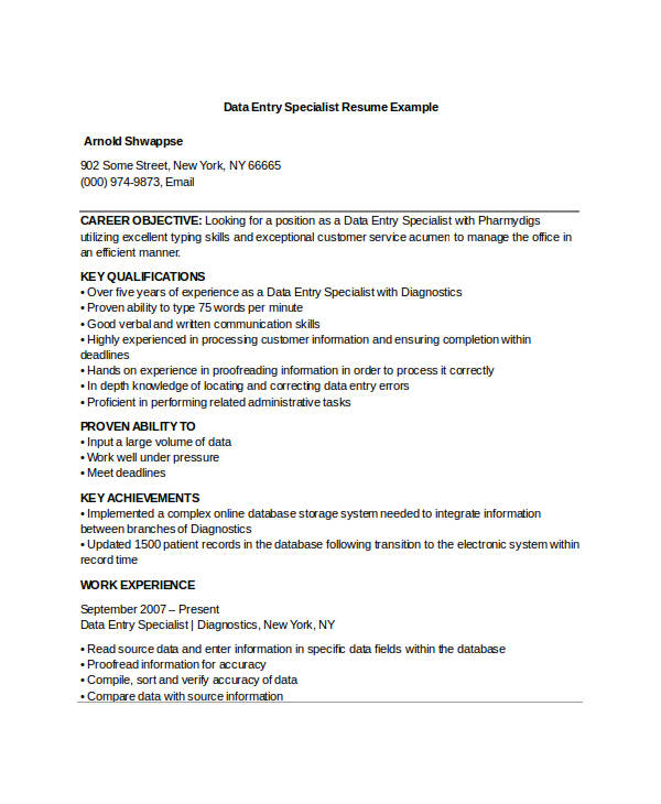 data entry specialist work resume