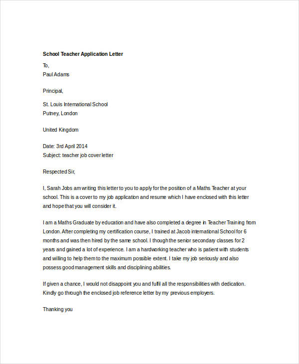 primary school teacher application letter