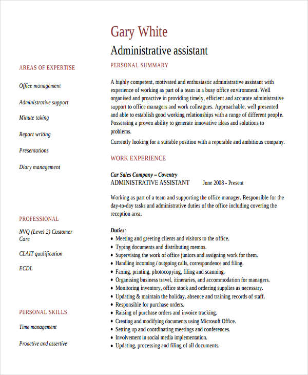 administrative assistant work resume