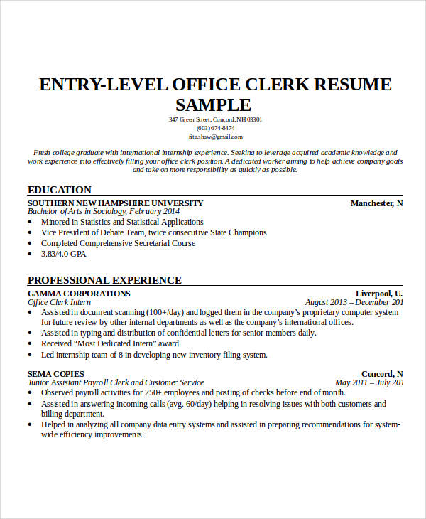 entry level office work resume