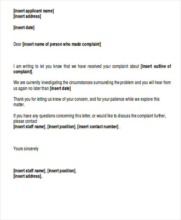 10  Complaint Acknowledgement Letters