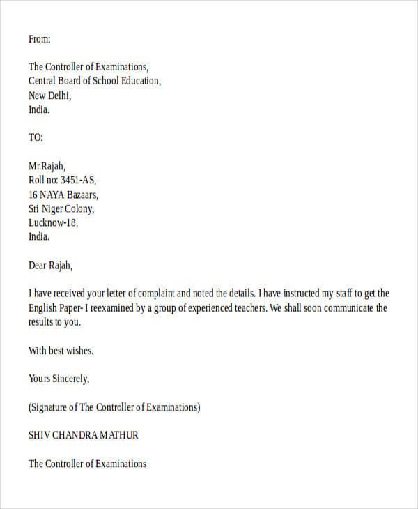 student complaint response letter