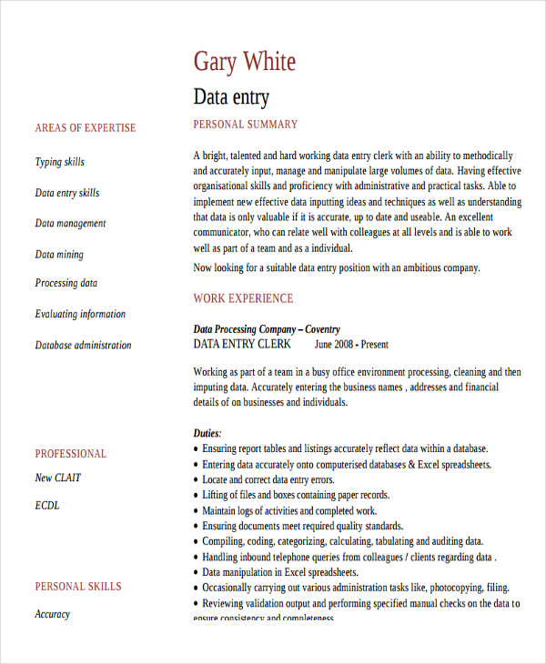 data entry specialist work resume