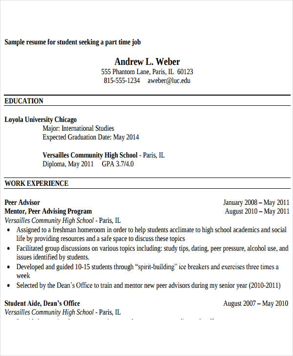 part time work resume in pdf
