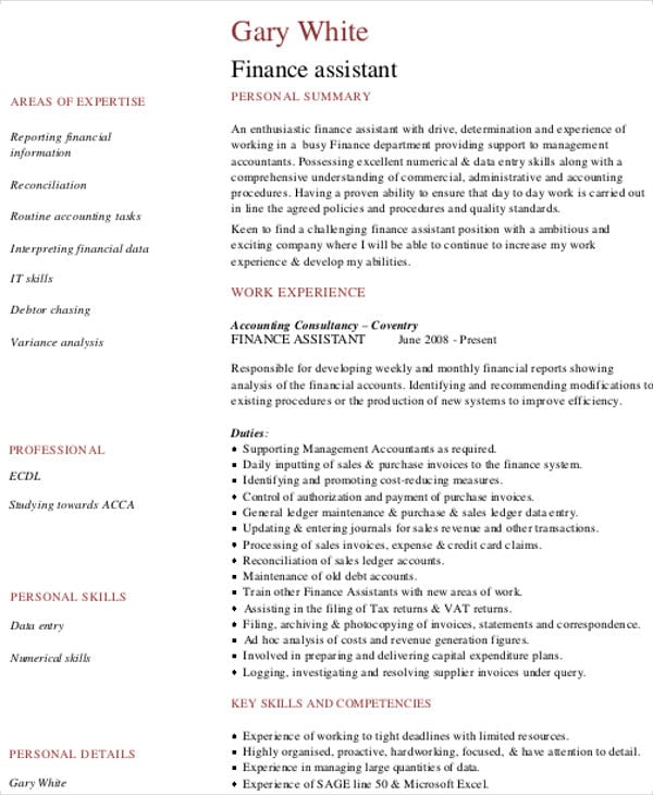 finance assistant resume sample