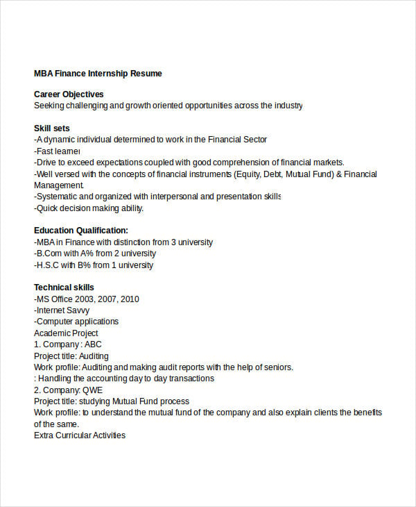 mba finance internship resume1