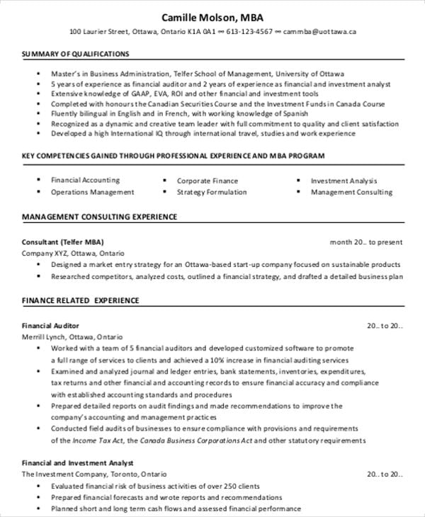 mba finance resume format