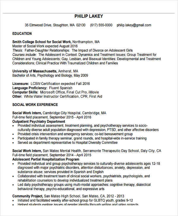 medical social work resume