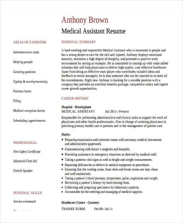 medical assistant work experience resume