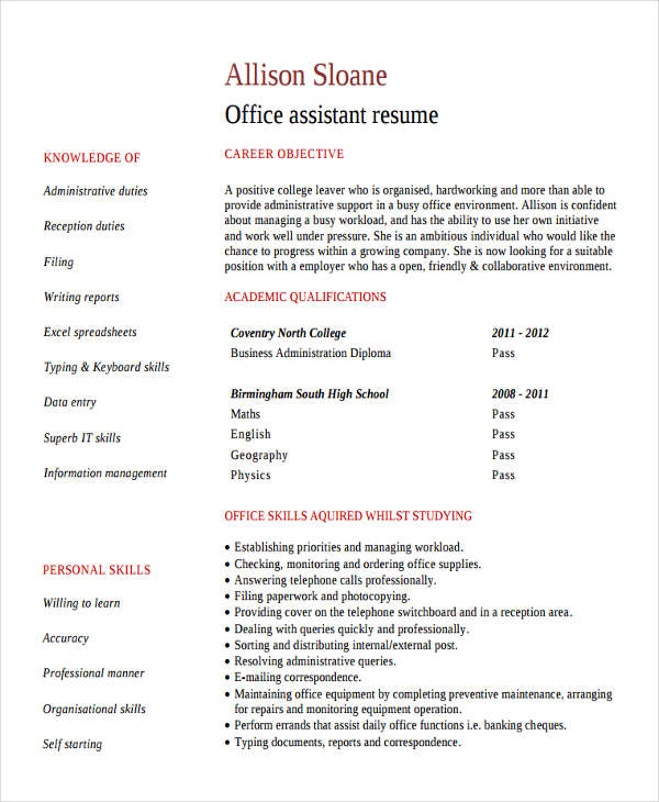 office assistant work resume