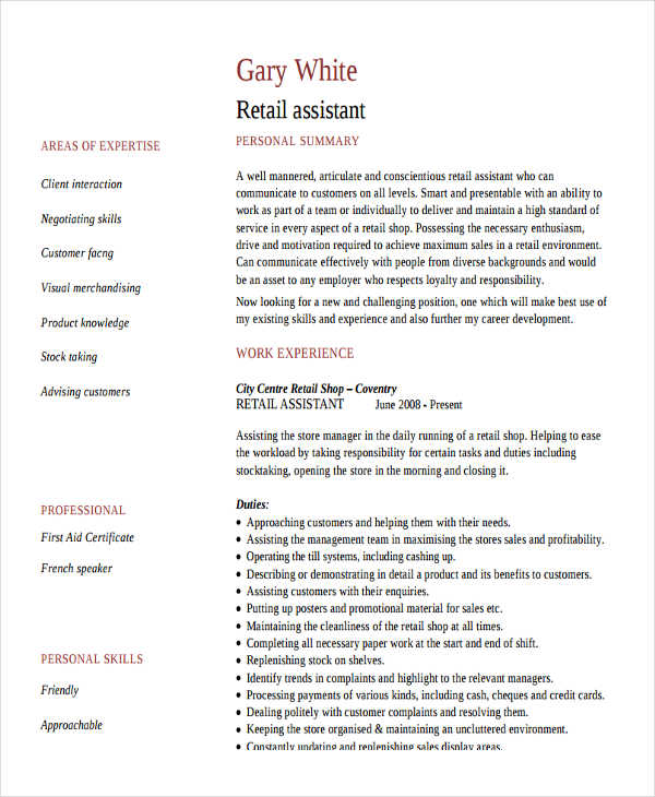 retail work assistant resume