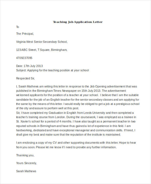 application letter for teacher doc