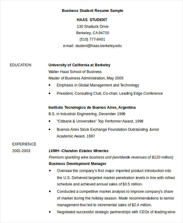 business student resume sample