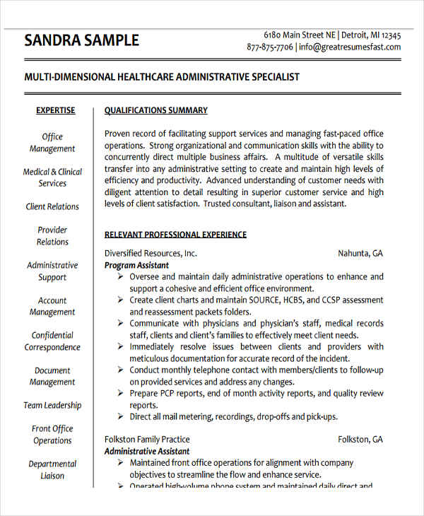 healthcare administration resume sample