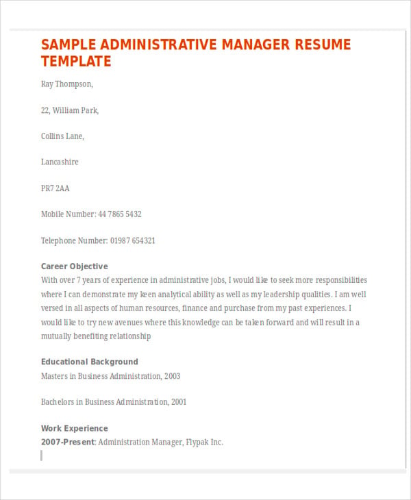 administration manager resume sample