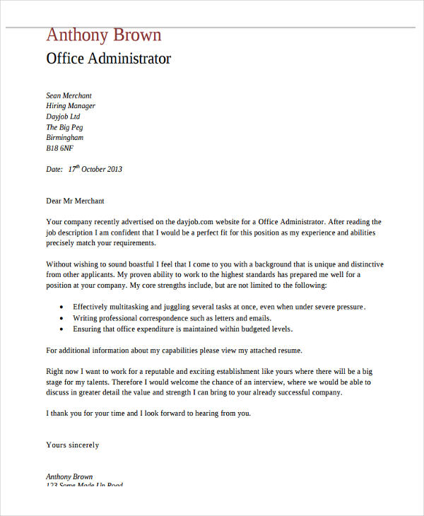 office administrator cover letters