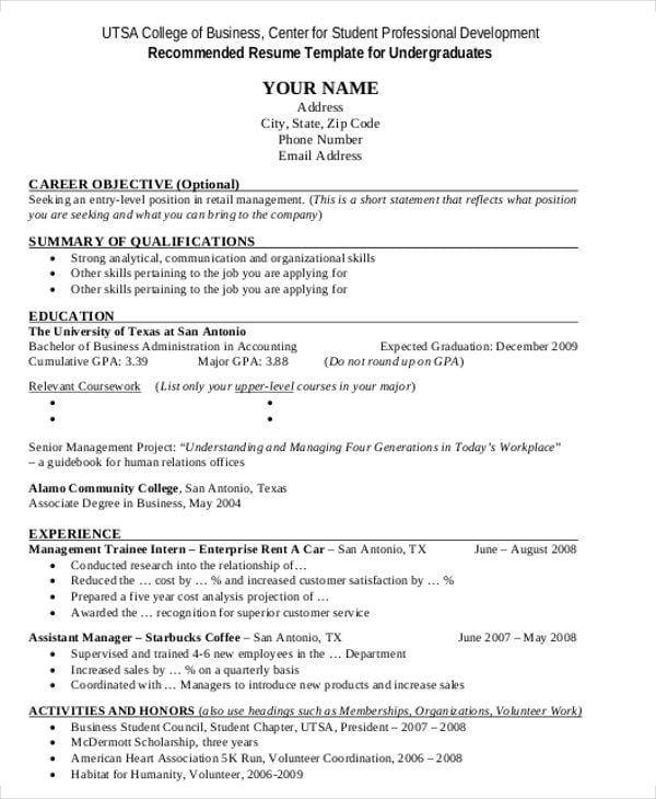 professional business resume format