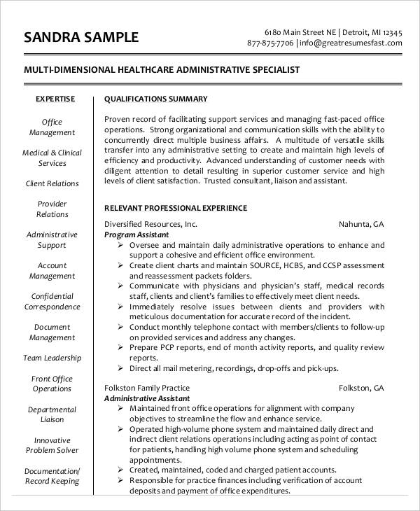 healthcare administrative resume example