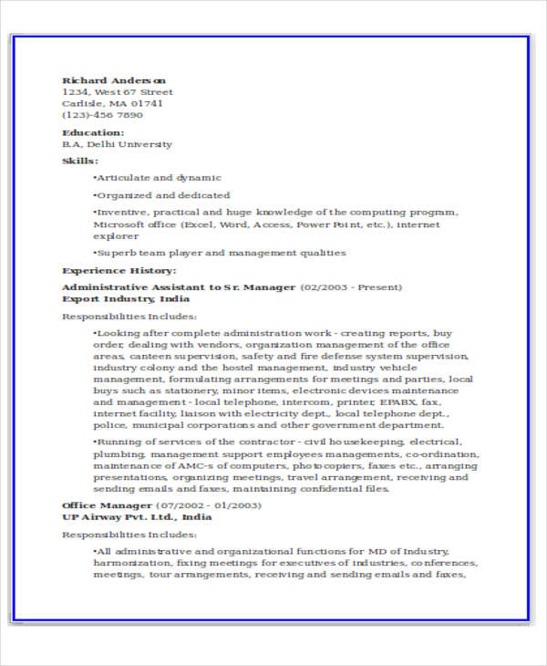 administration manager resume format