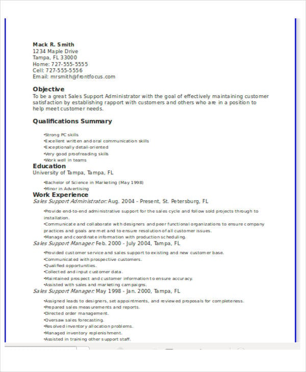 sales administration manager resume