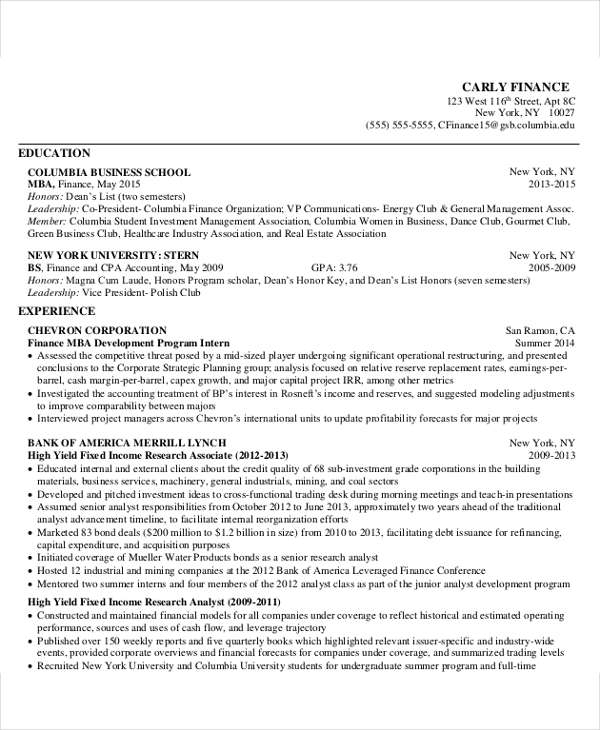business school resume format
