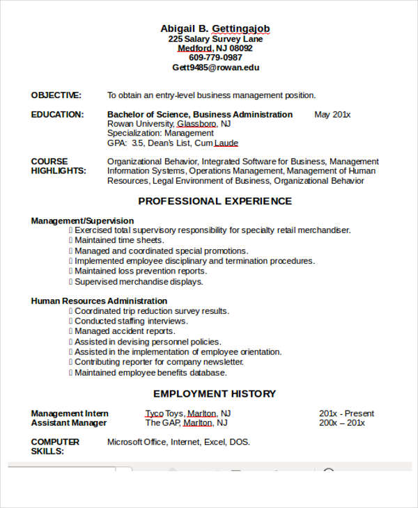 administration job resume sample