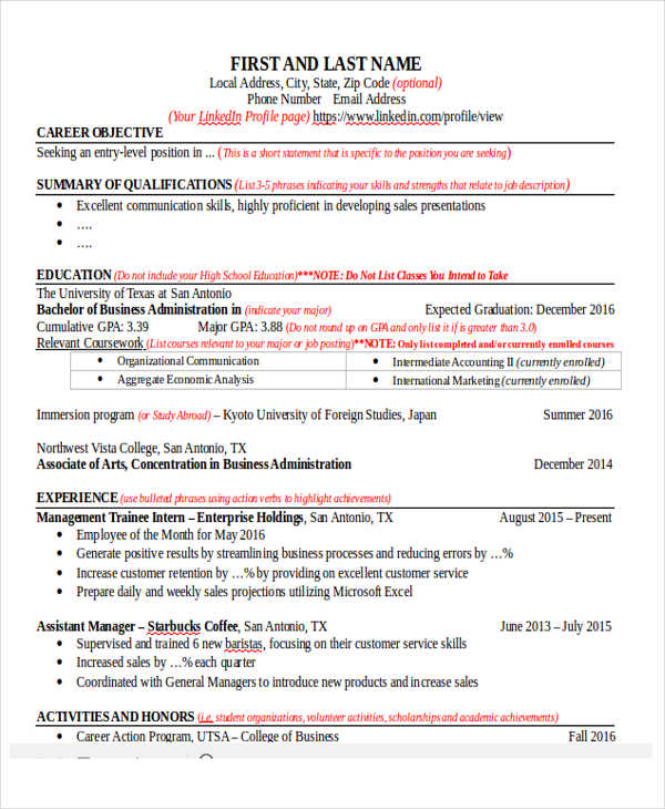 busines administration job resume