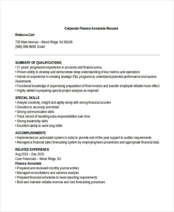 corporate finance associate resume
