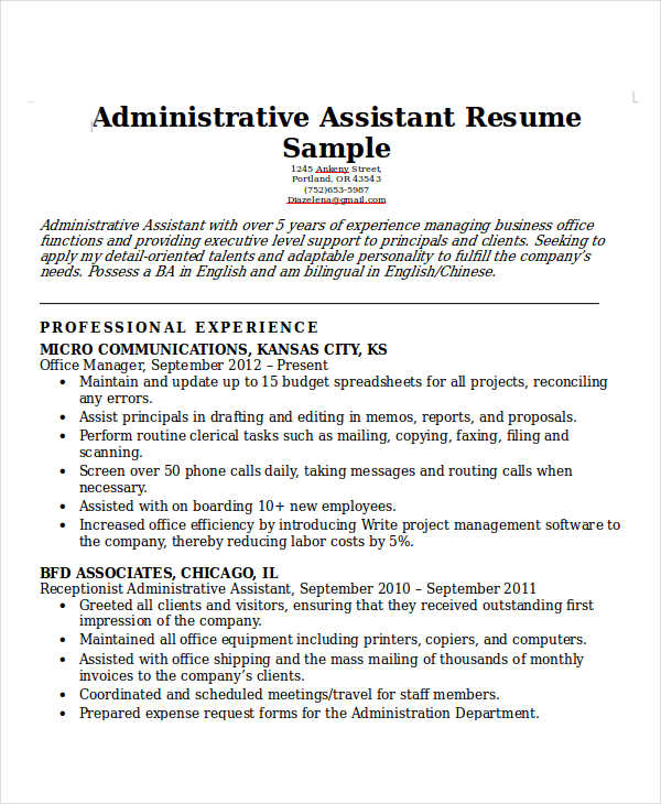 resume template for administrative professional