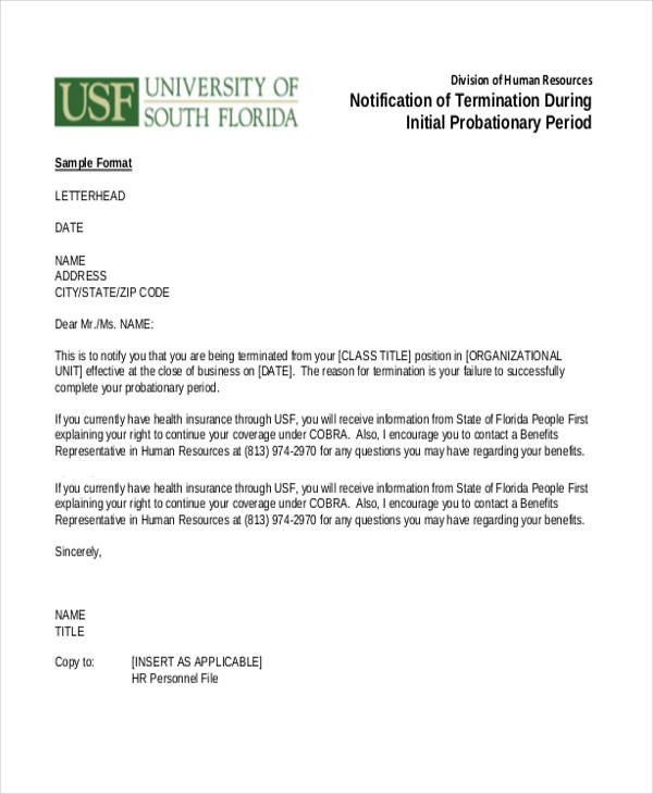 probationary employee termination letter