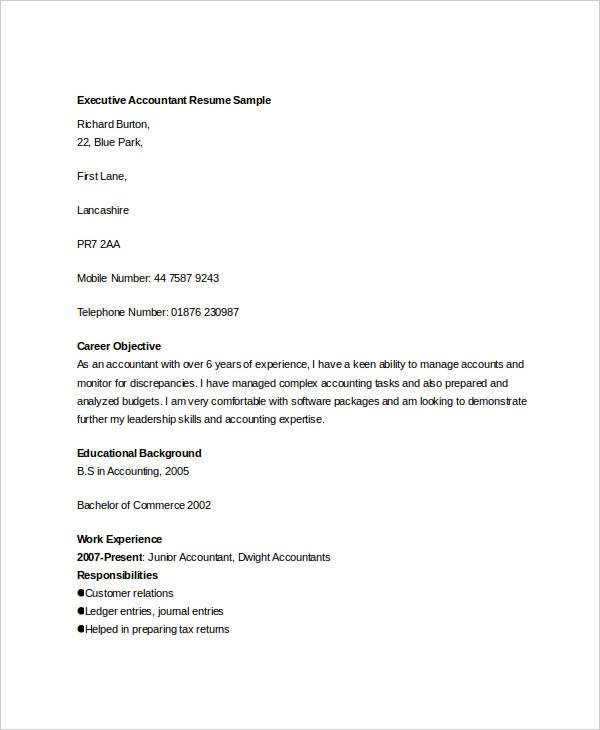 executive accountant resume sample