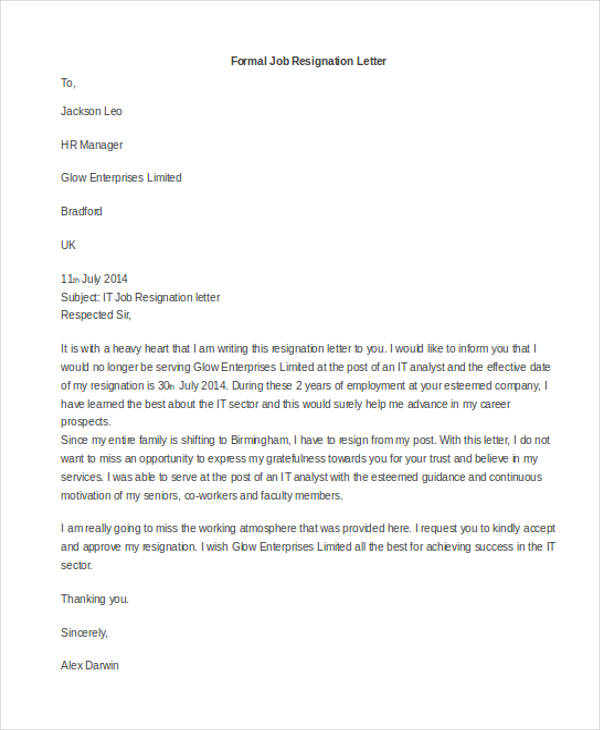 formal job resignation letter