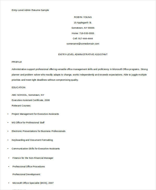 sample entry level administrative resume