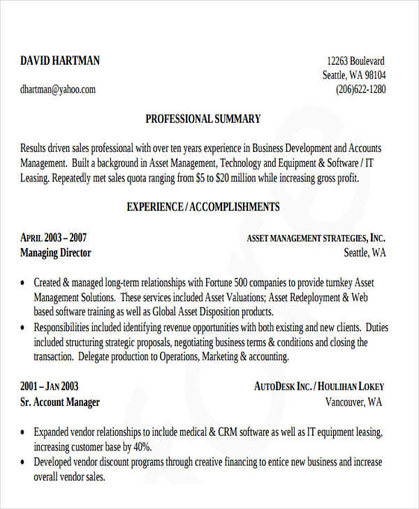 business development resume sample