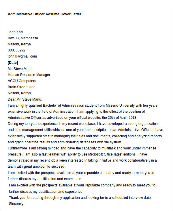 administrative officer resume cover letter