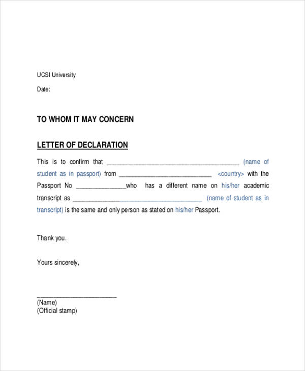 Sample Declaration Letter Format 6992