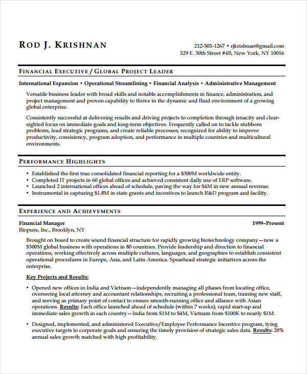 finance executive resume sample