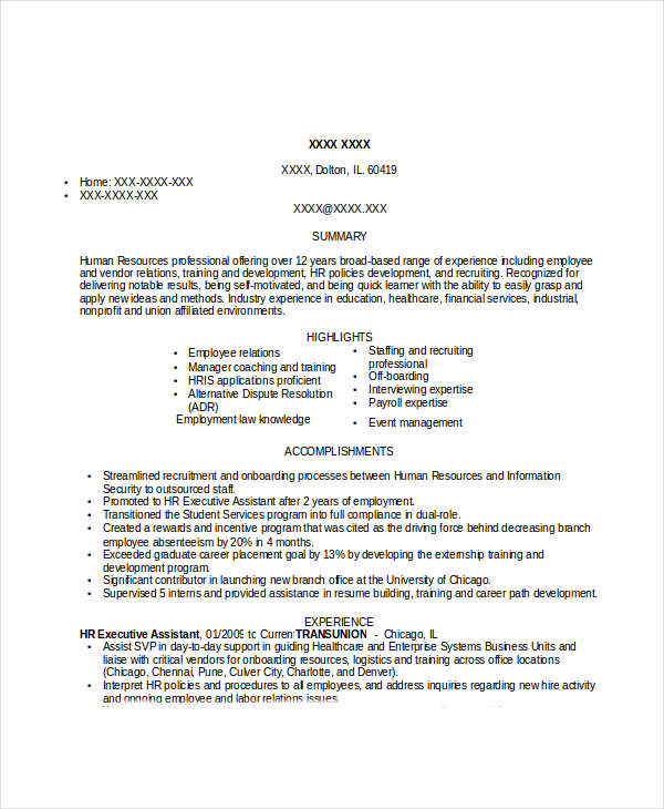 hr executive assistant resume