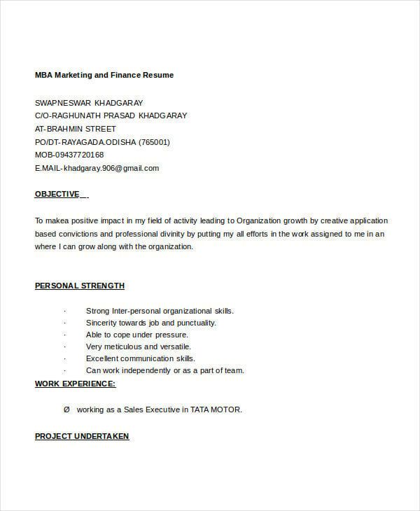 mba marketing and finance resume