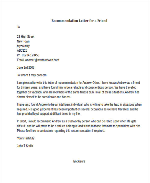 recommendation letter for a friend