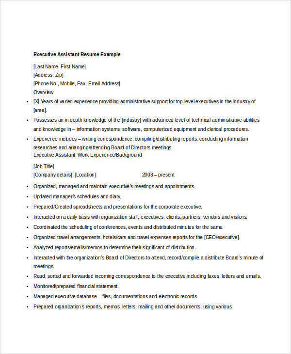 sample executive assistant resume