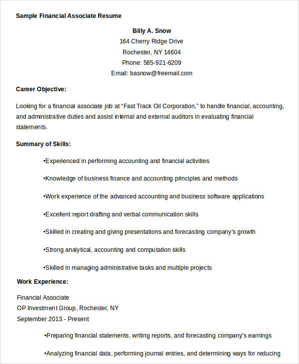 sample financial associate resume