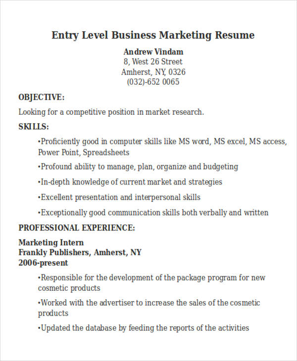 entry level business marketing resume