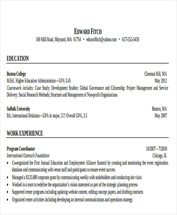 resume samples for higher education positions