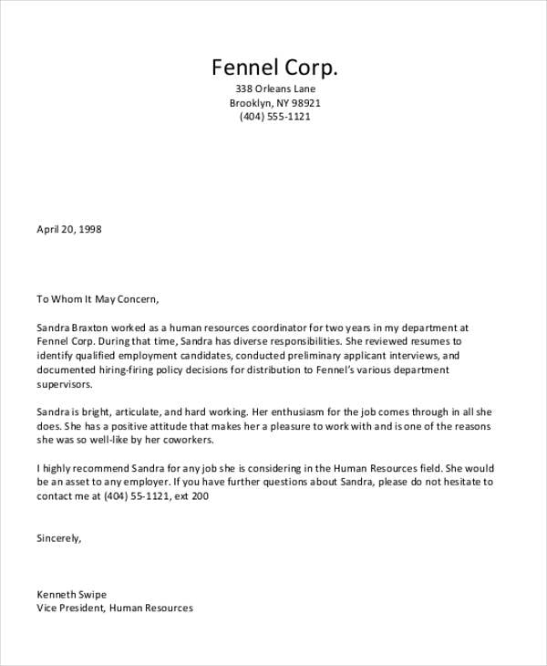 personal letter of recommendation for employment template
