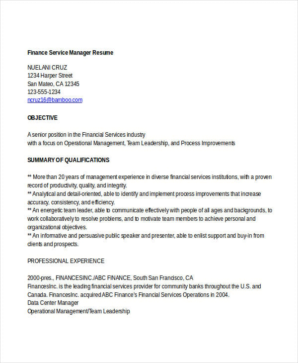 finance service manager resume