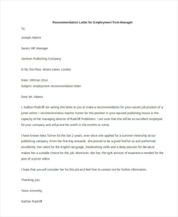 recommendation letter for employment from manager